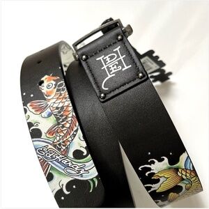 Ed Hardy Reversible Koi Fish Skull Tattoo Belt 38 Black White Gunmetal